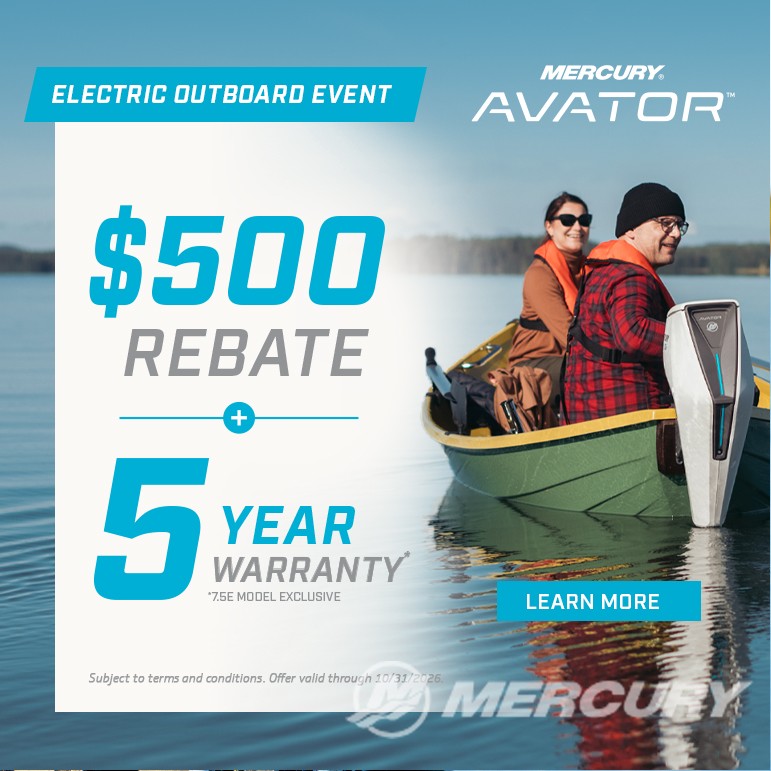 Receive a $500 Rebate + 5-Year Warranty on Mercury Avator 7.5e Outboards